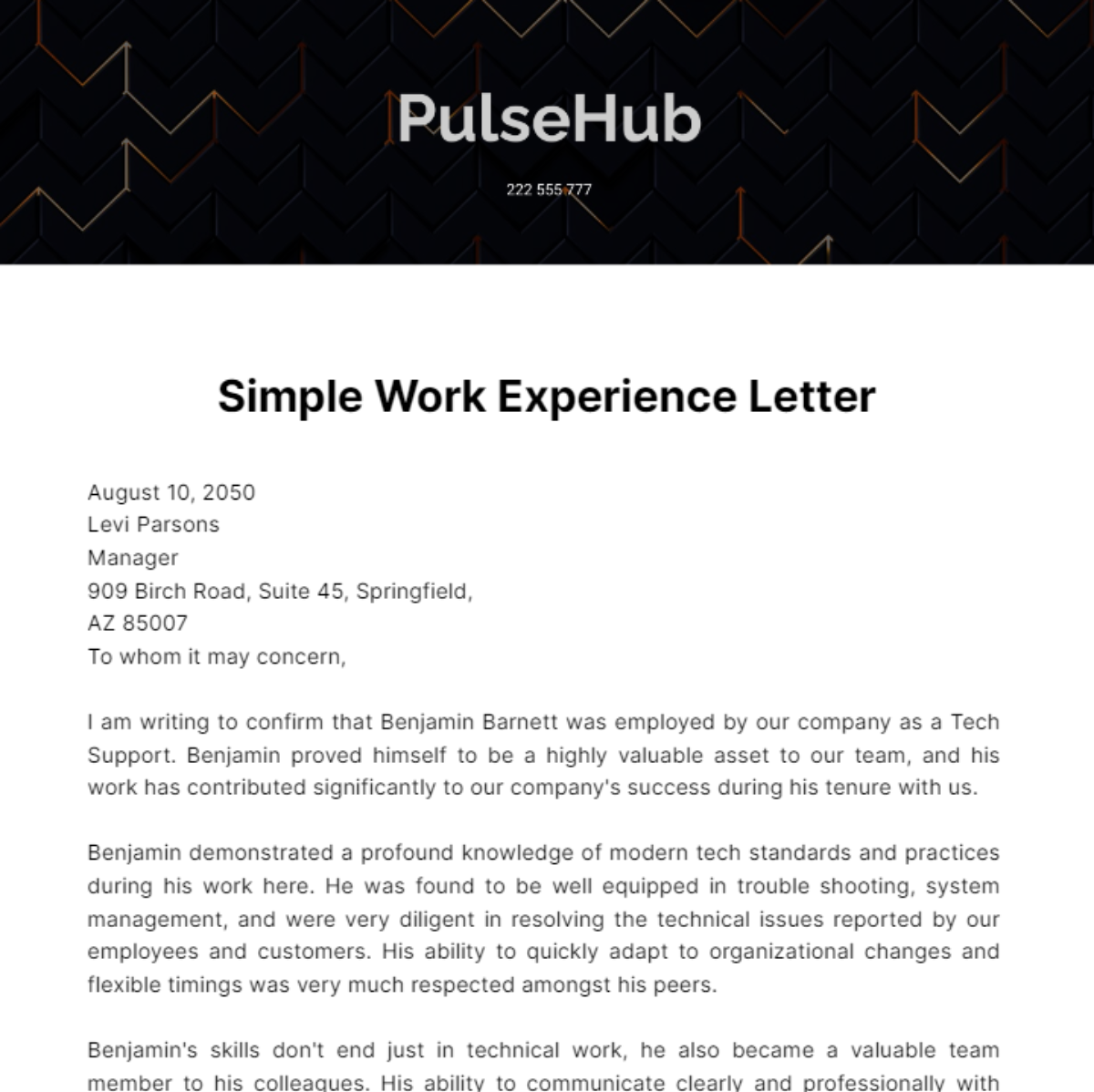 Free Simple Work Experience Letter Template