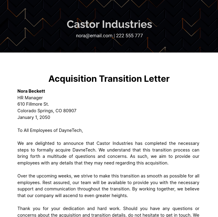 Acquisition Transition Letter Template