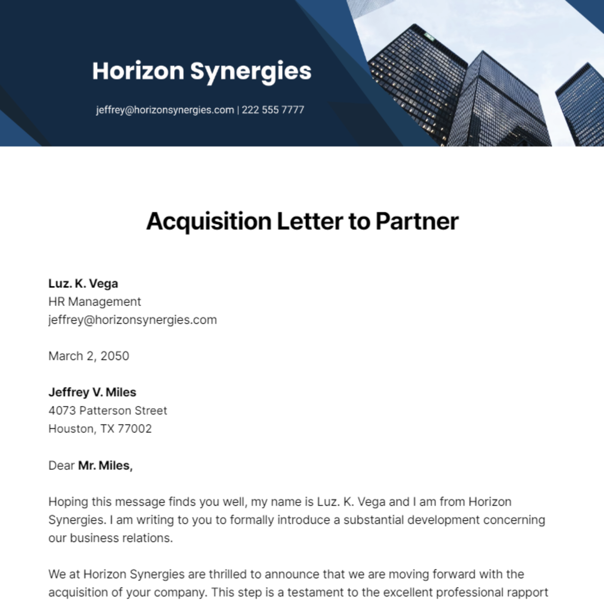 Acquisition Letter to Partner Template