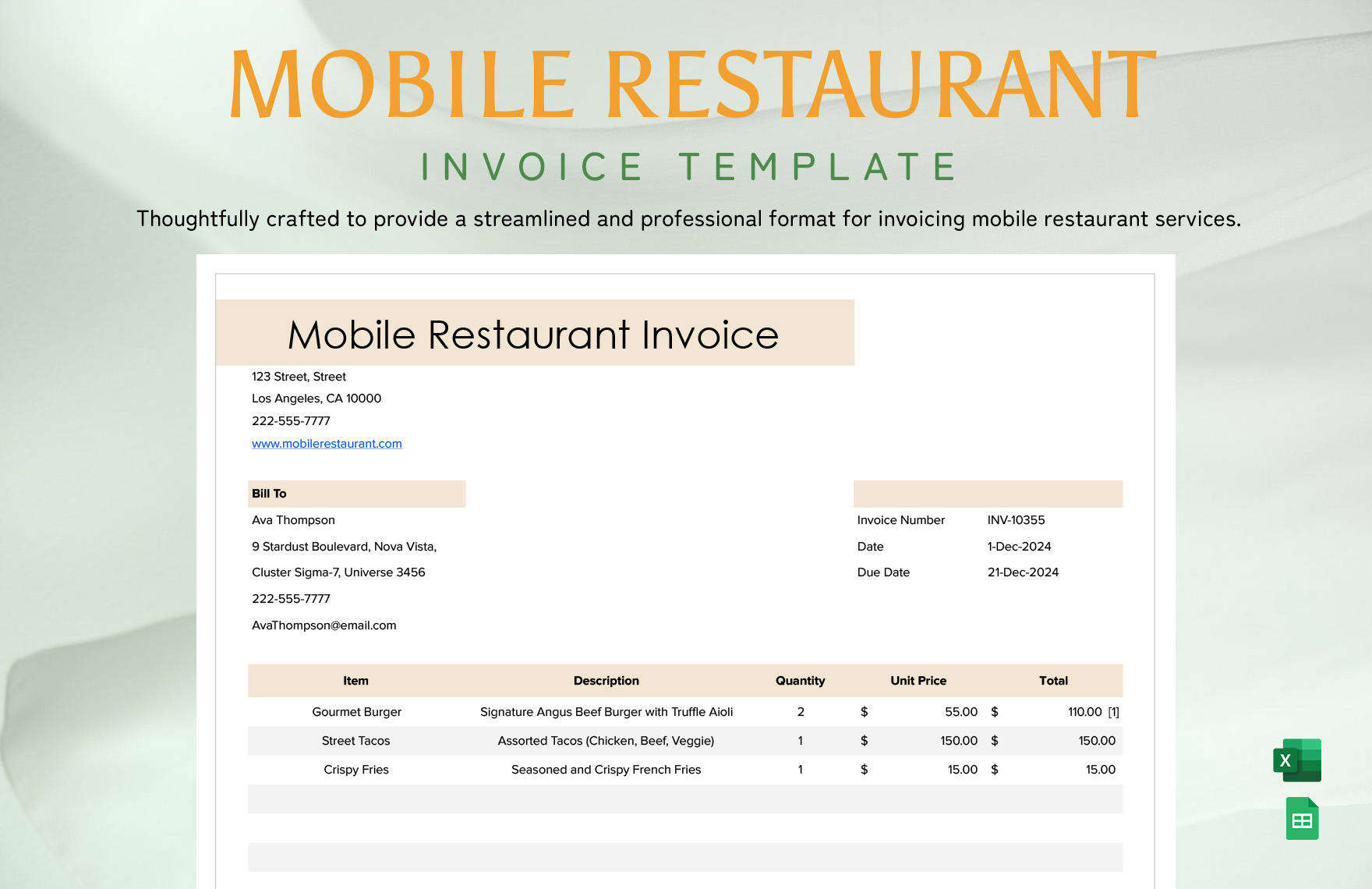 Mobile Restaurant Invoice Template in Excel, Google Sheets