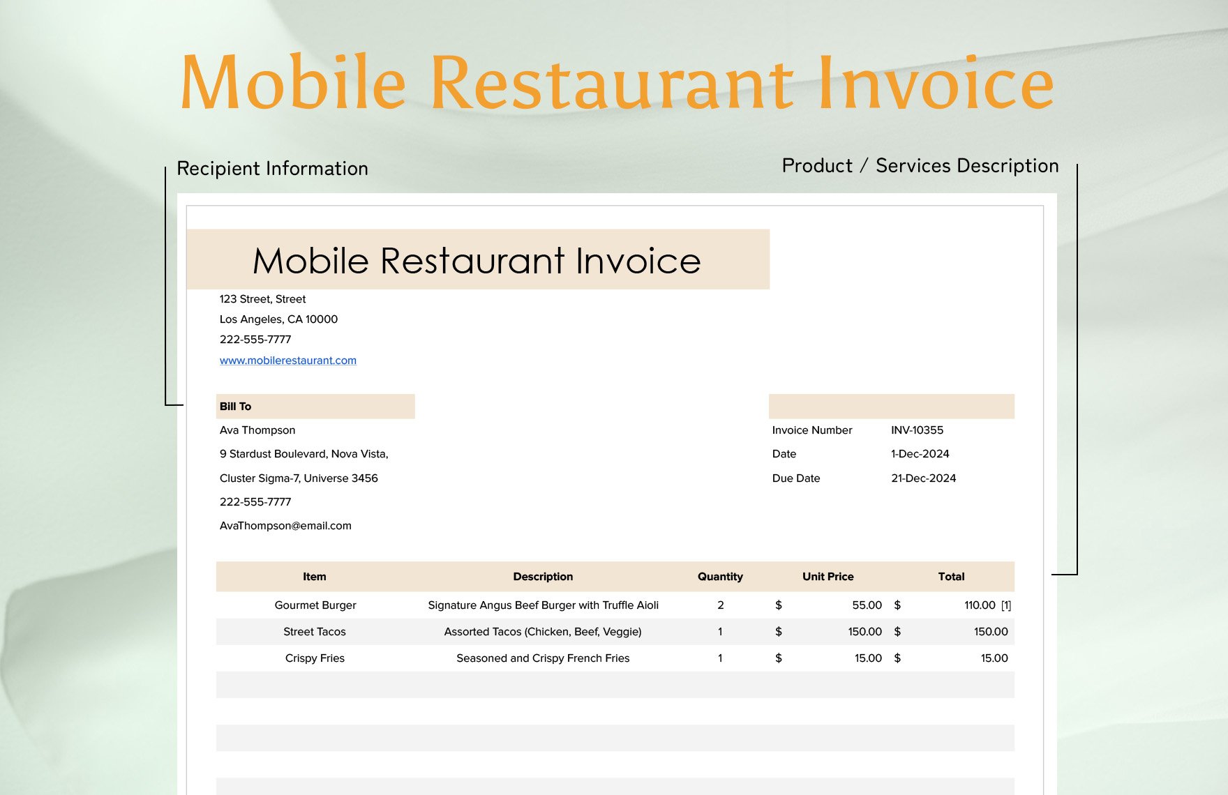 Mobile Restaurant Invoice Template