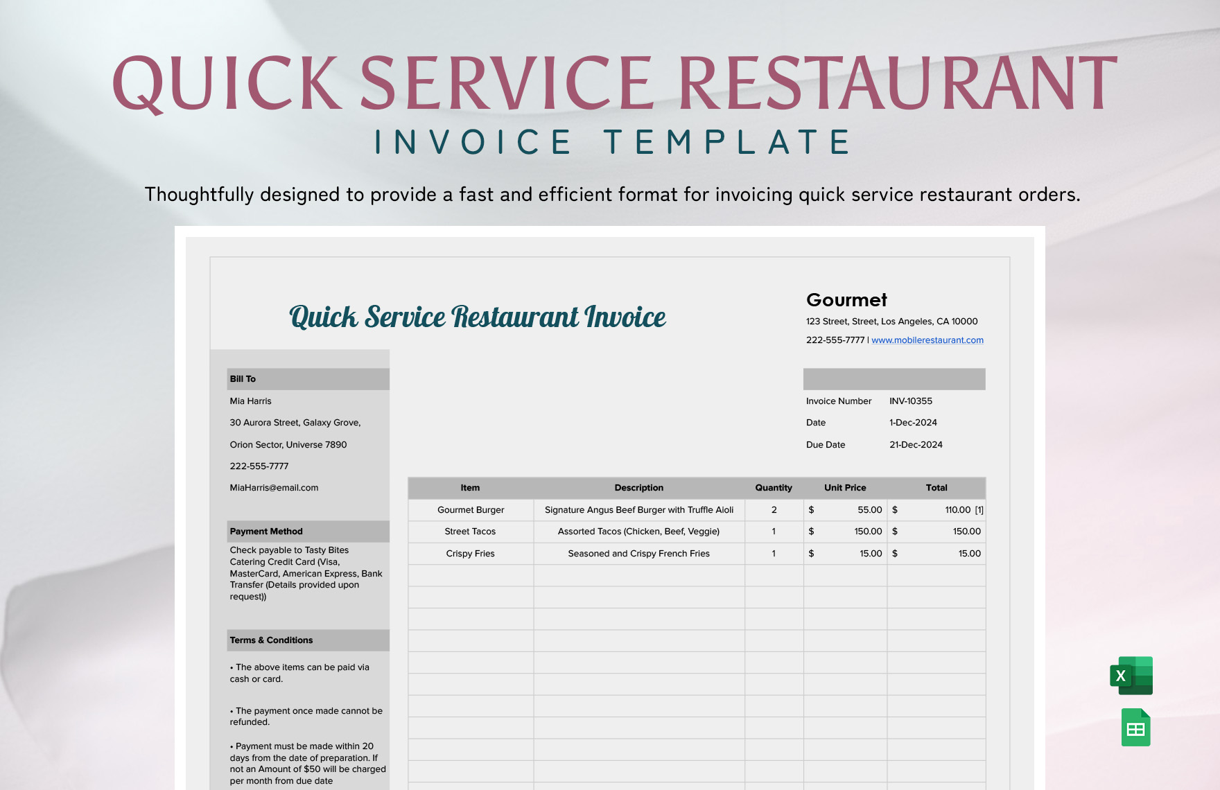 Quick Service Restaurant Invoice Template in Excel, Google Sheets