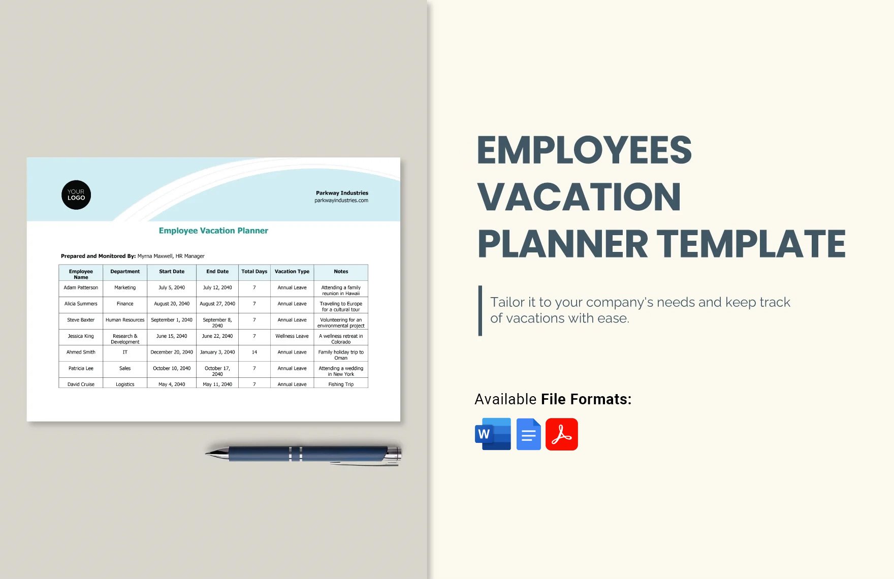 Free Employees Vacation Planner Template in Word, Google Docs, PDF