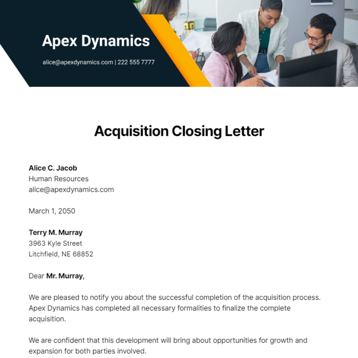 Acquisition Closing Letter Template