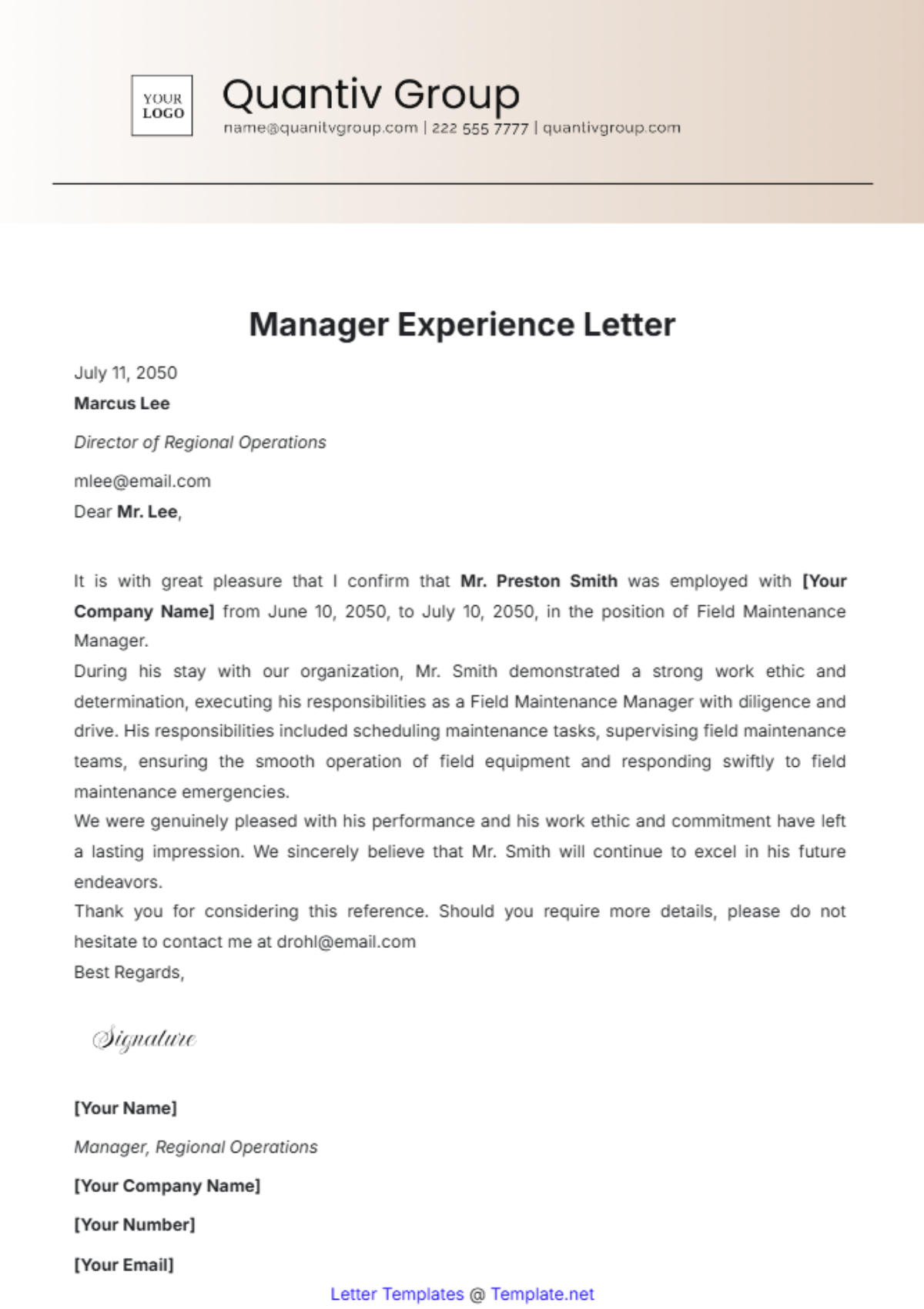 Manager Experience Letter Template - Edit Online & Download