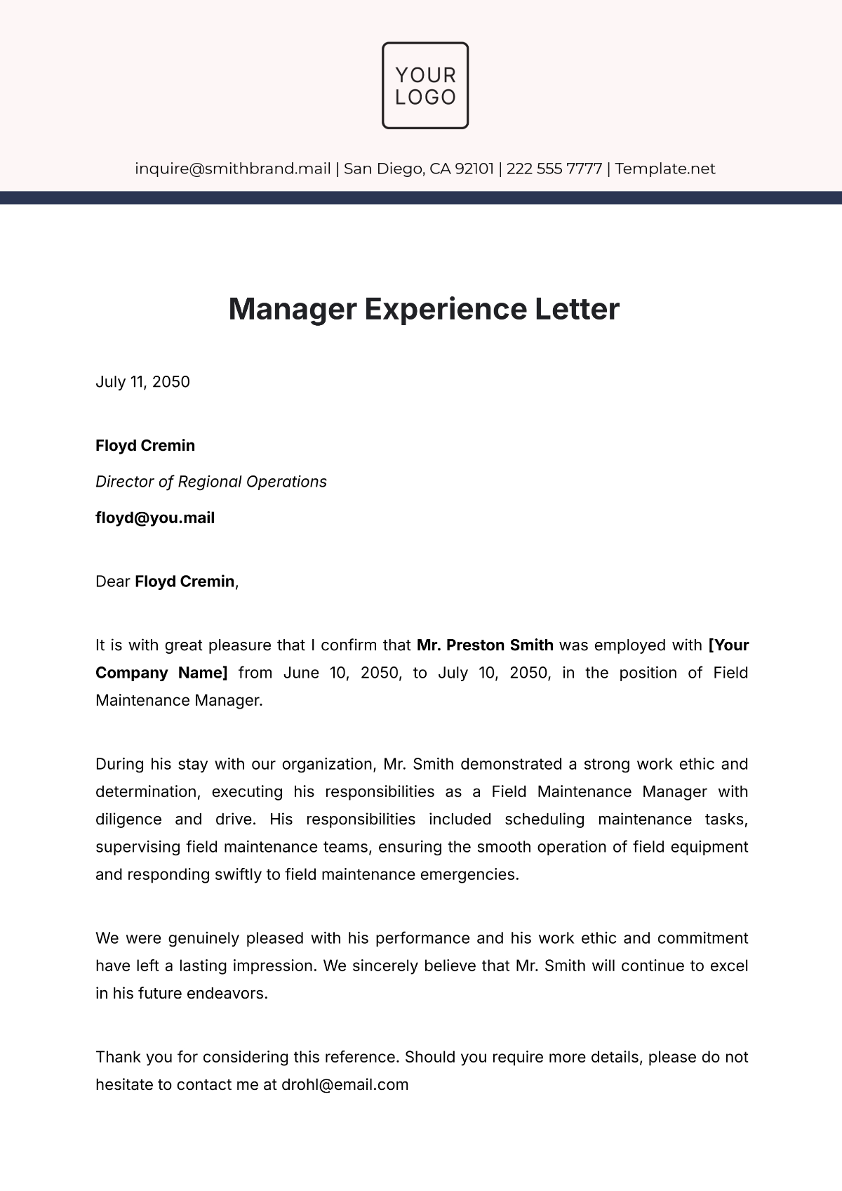 Manager Experience Letter Template - Edit Online & Download