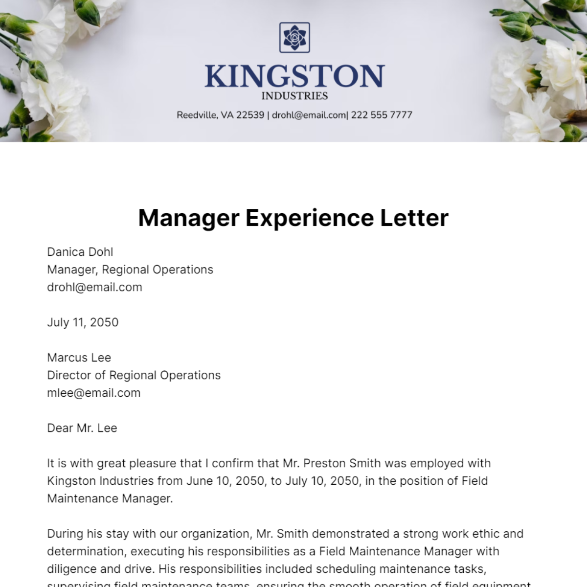 Manager Experience Letter   Template