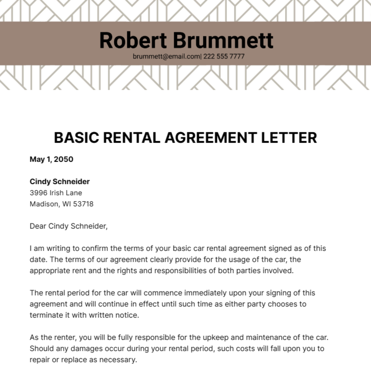 Basic Rental Agreement Letter Template