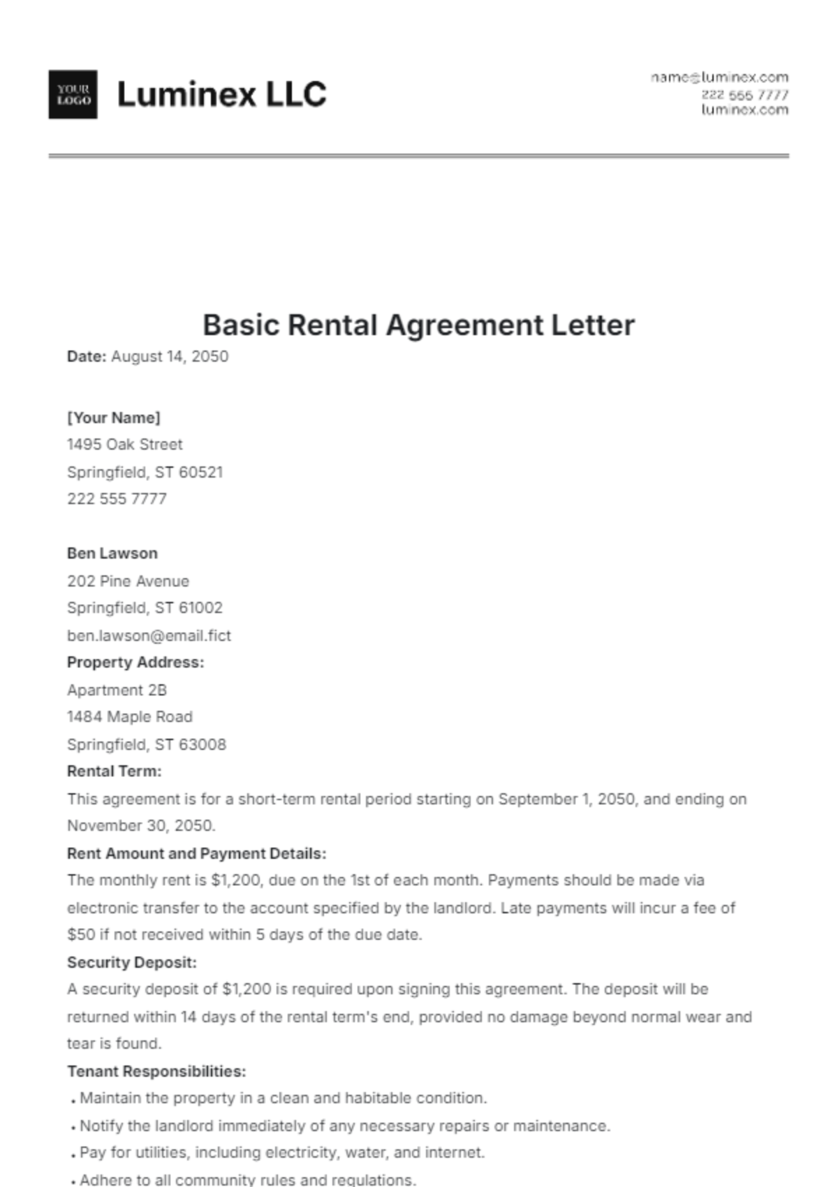 Basic Rental Agreement Letter Template