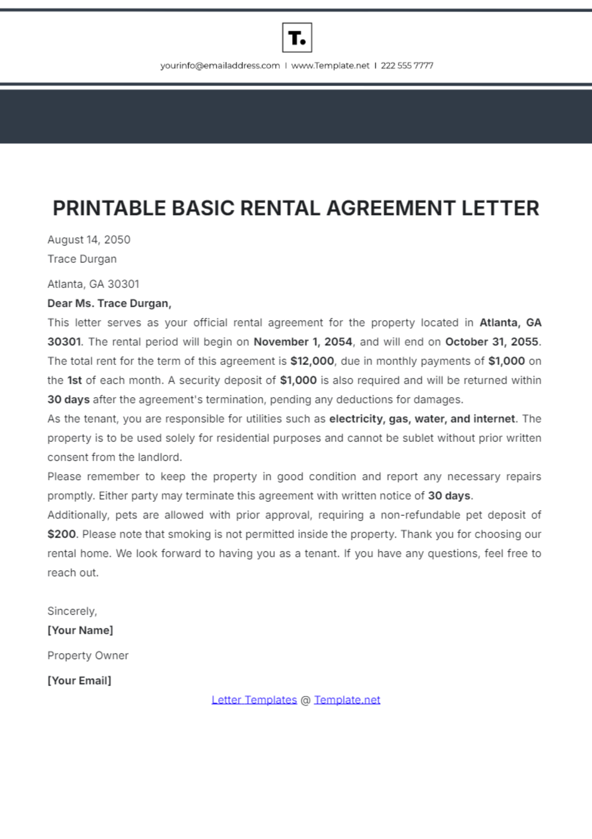 Printable Basic Rental Agreement Letter Template - Edit Online & Download