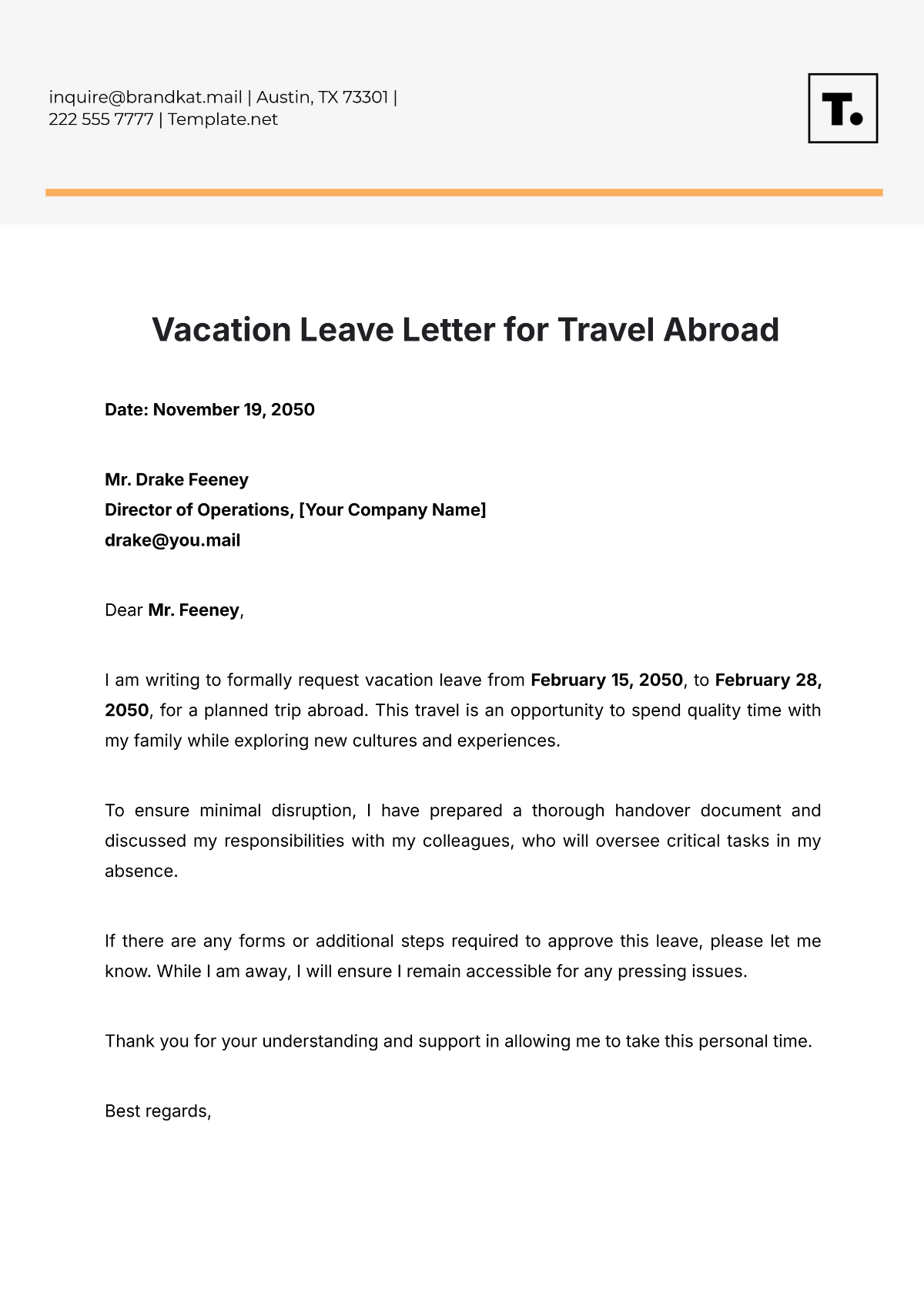 Vacation Leave Letter for Travel Abroad Template - Edit Online & Download