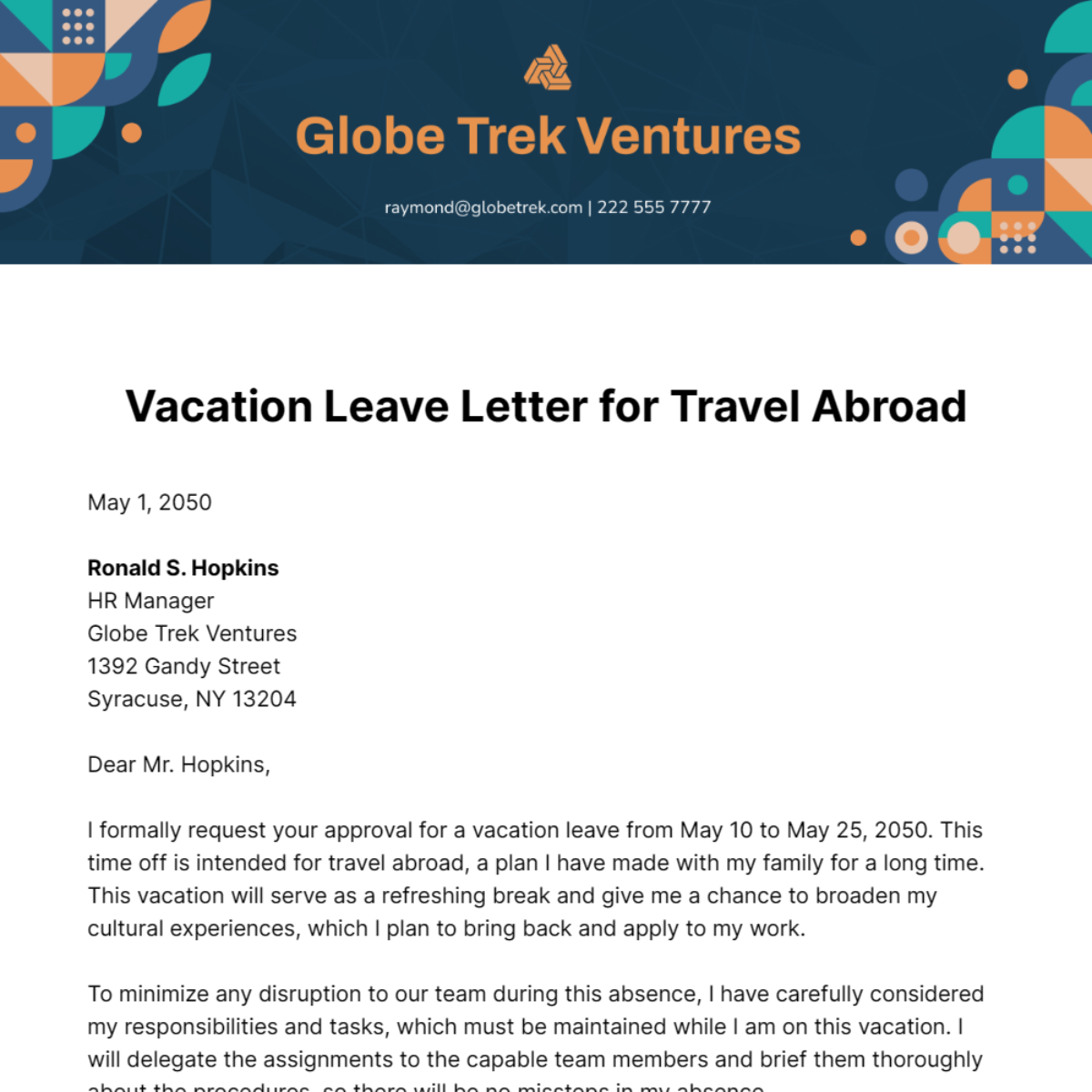 Vacation Leave Letter for Travel Abroad Template