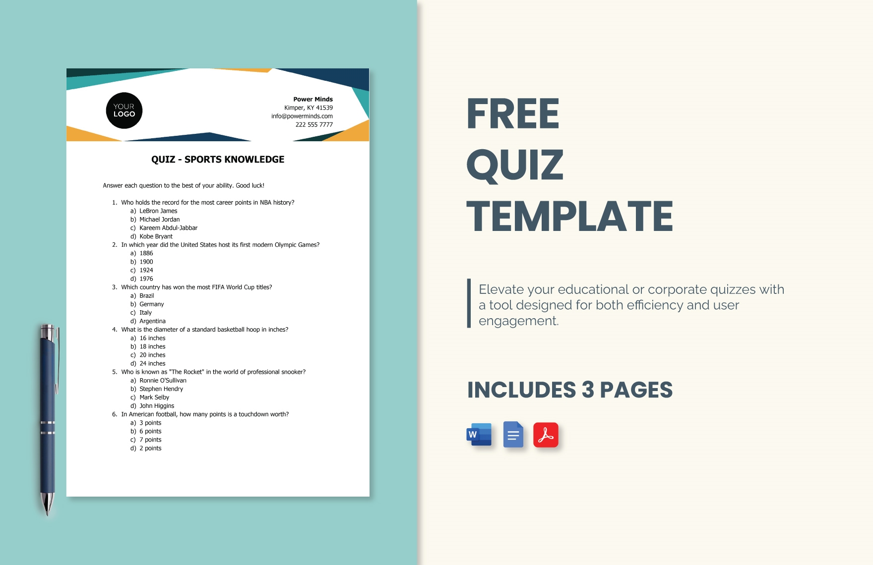 Quiz Template in Word, Google Docs, PDF