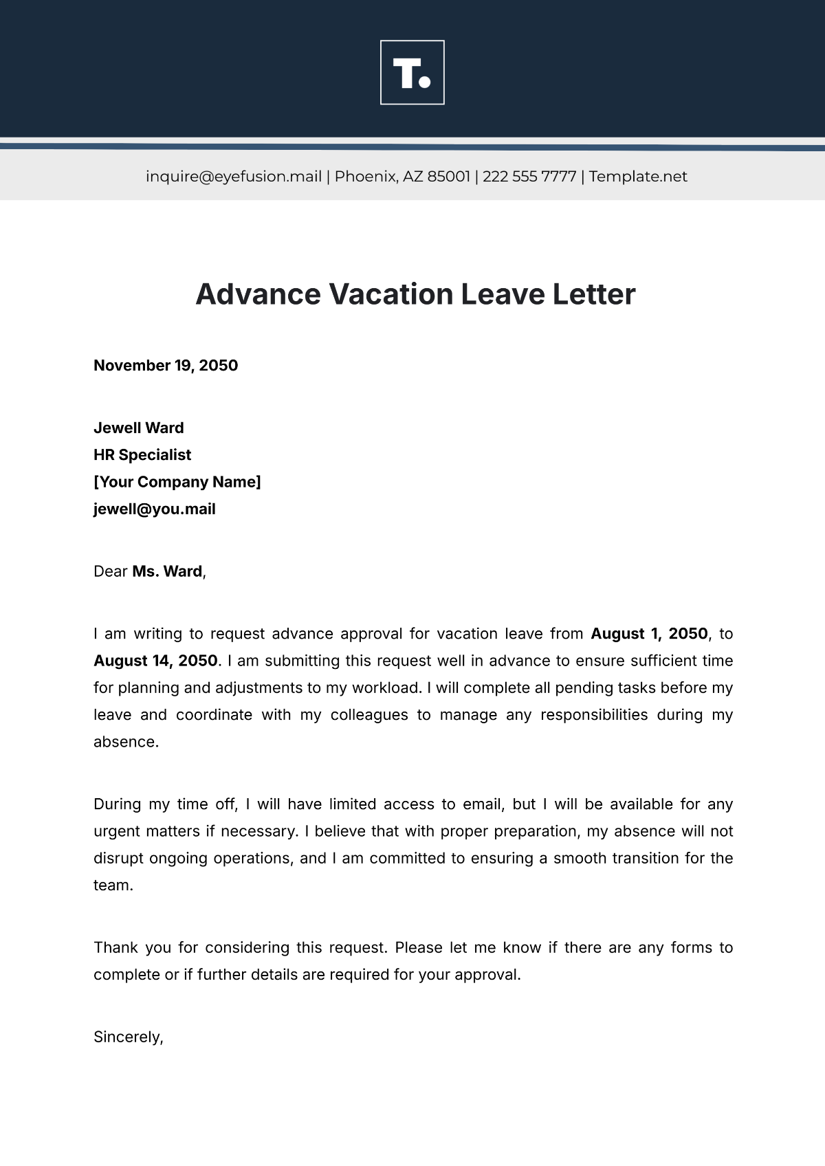 Advance Vacation Leave Letter Template - Edit Online & Download