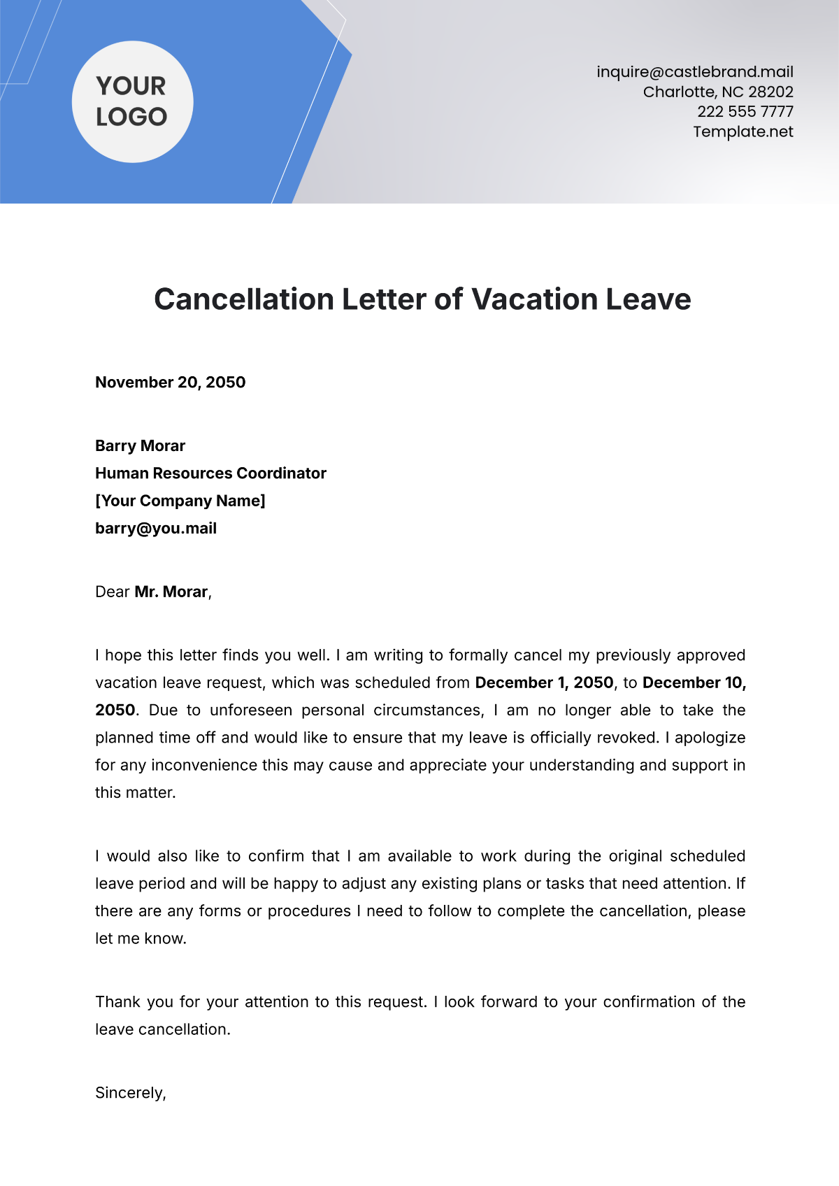 Cancellation of Vacation Leave Letter Template - Edit Online & Download