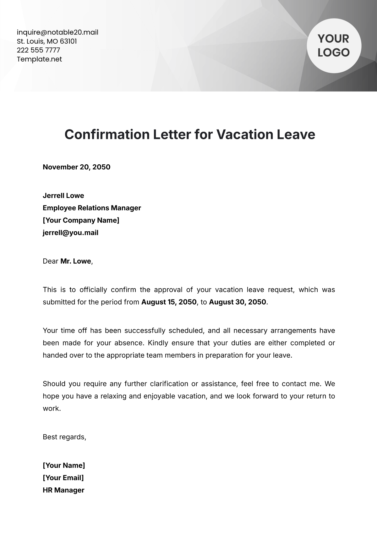 Confirmation Letter for Vacation Leave Template - Edit Online & Download