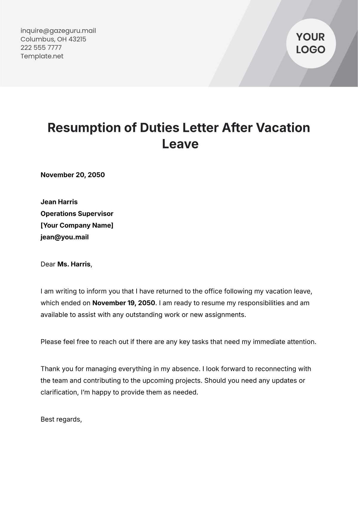 Resumption of Duties Letter After Vacation Leave Template - Edit Online & Download