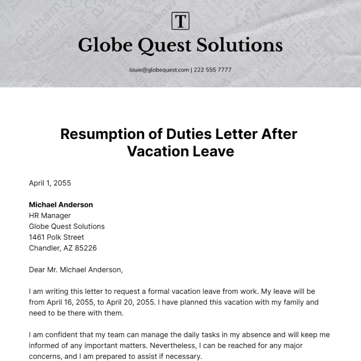Resumption of Duties Letter After Vacation Leave Template