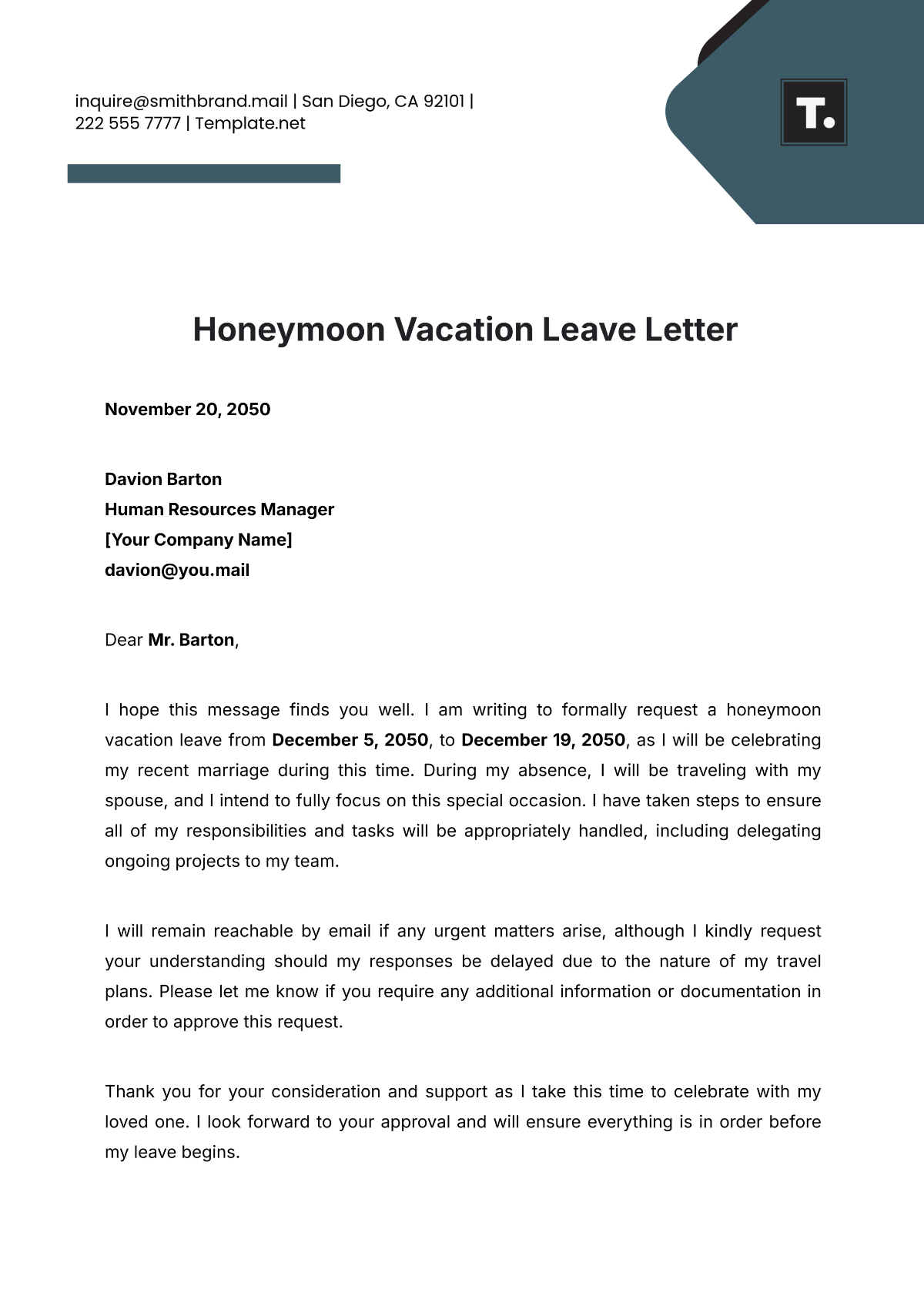 Honeymoon Vacation Leave Letter Template - Edit Online & Download