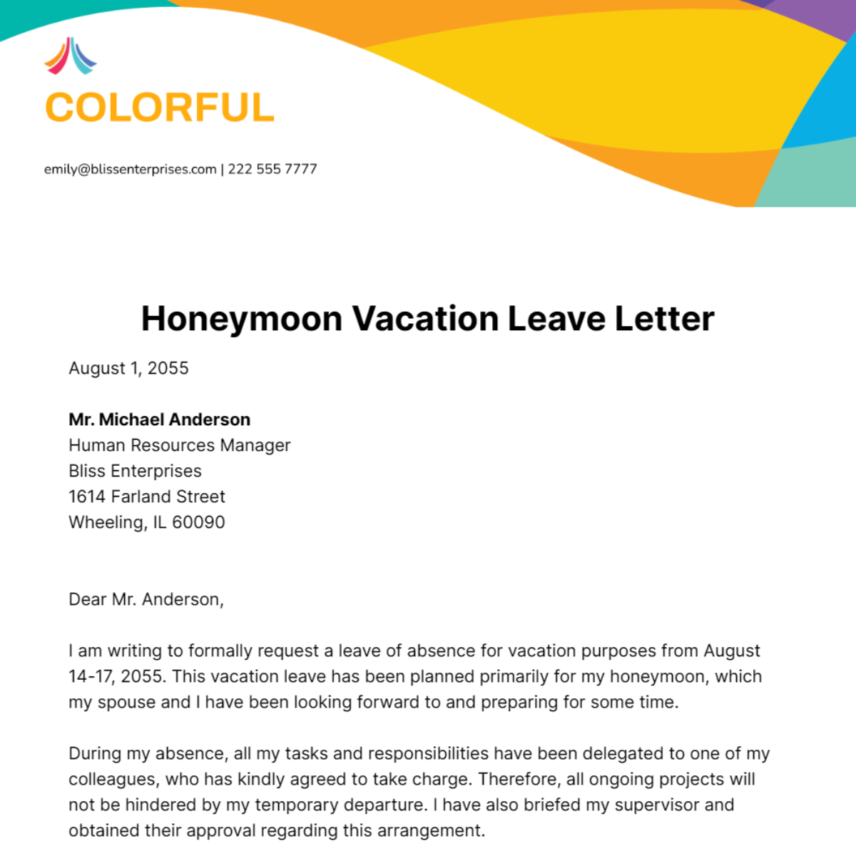 Honeymoon Vacation Leave Letter Template