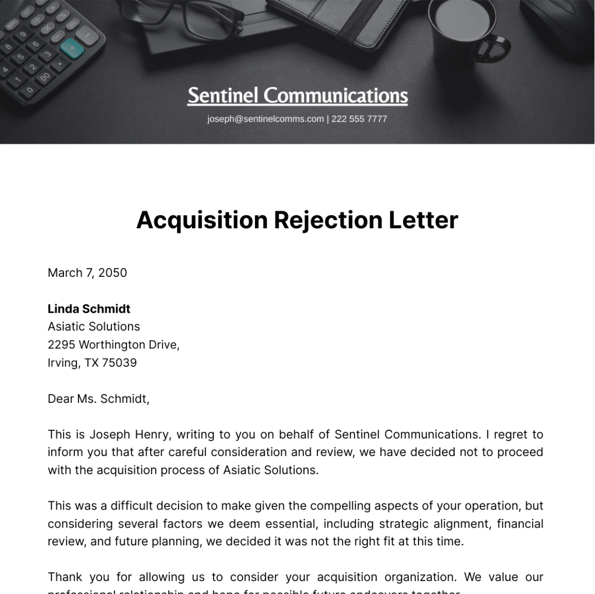 Free Acquisition Rejection Letter Template