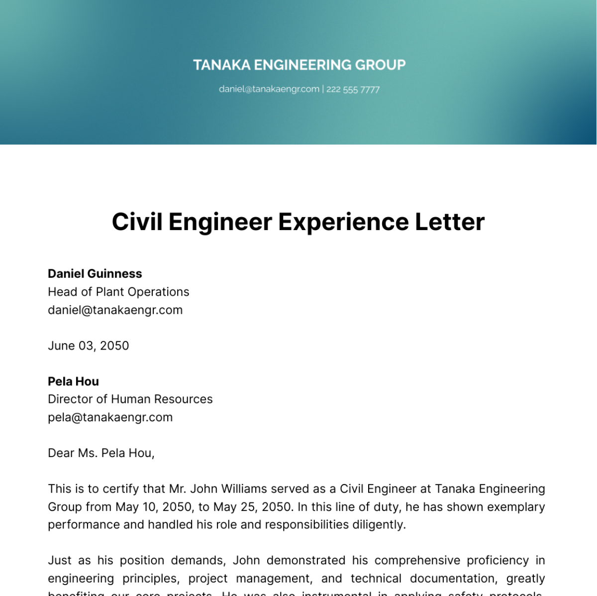 Civil Engineer Experience Letter   Template