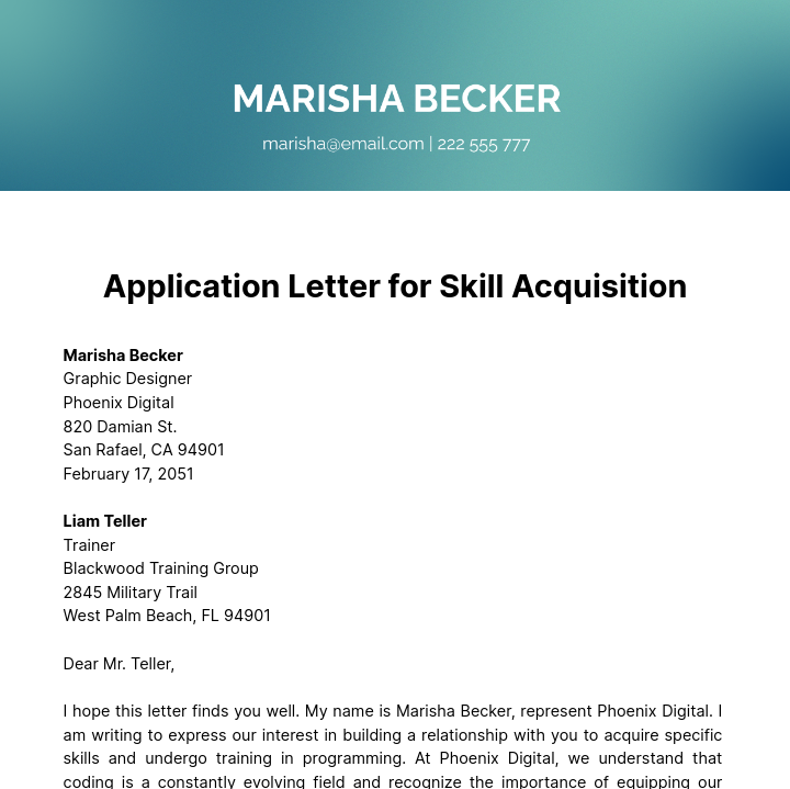 Free Application Letter for Skill Acquisition Template
