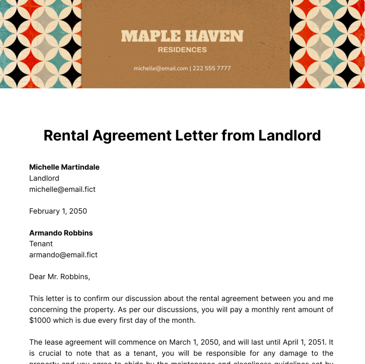 Free Rental Agreement Letter from Landlord  Template