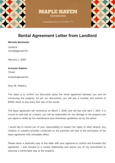 Free Rental Agreement Letter from Landlord  Template to Edit Online
