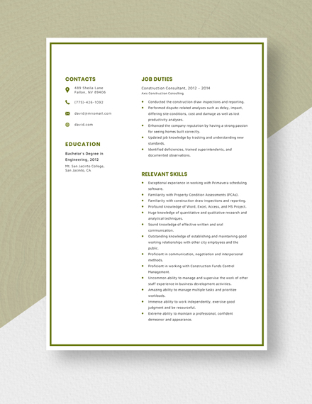 Construction Consultant Resume Template