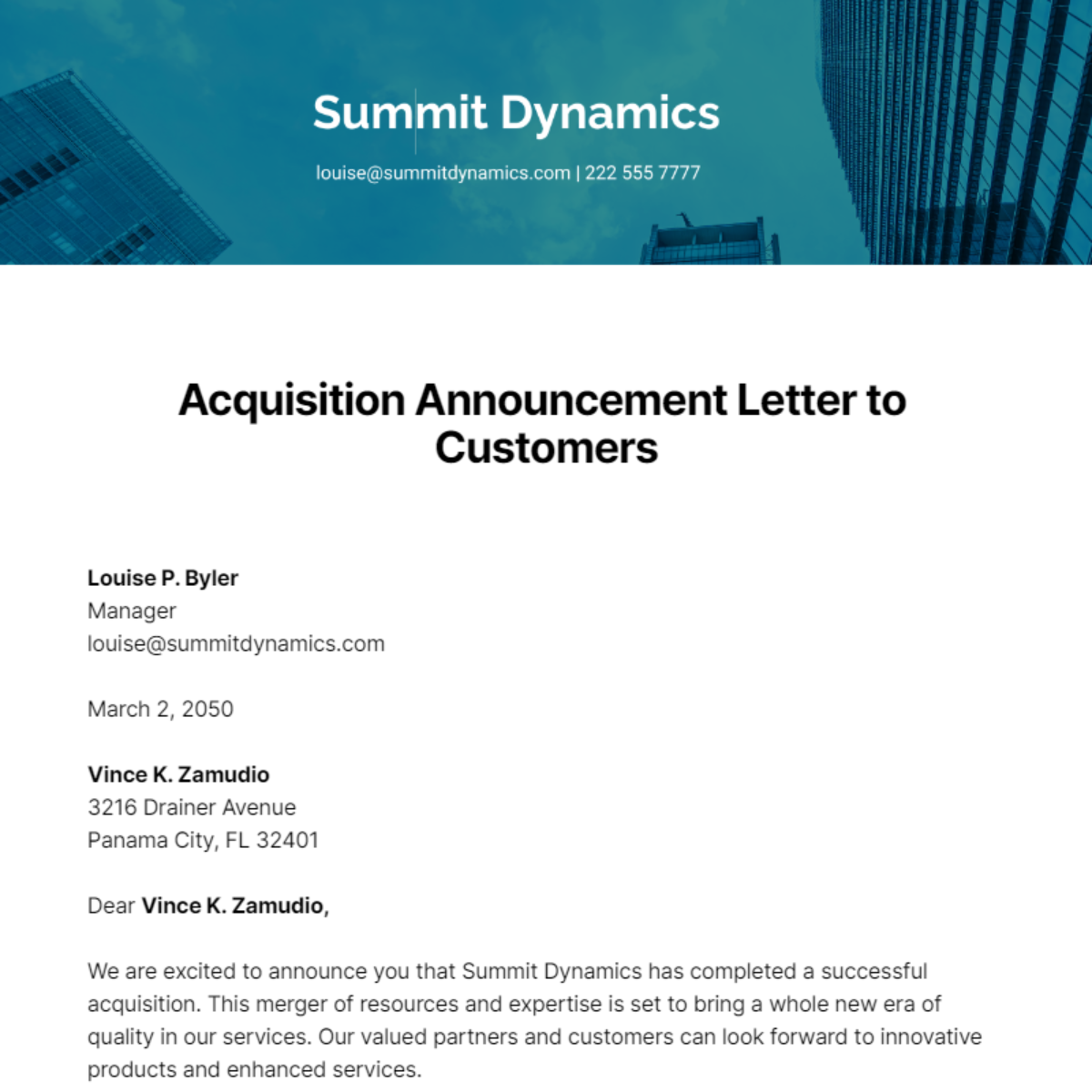 Free Acquisition Announcement Letter to Customers Template