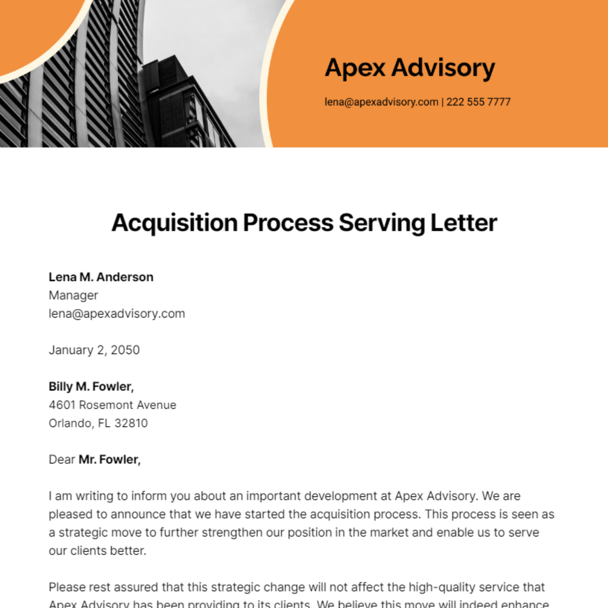 Acquisition Process Serving Letter Template