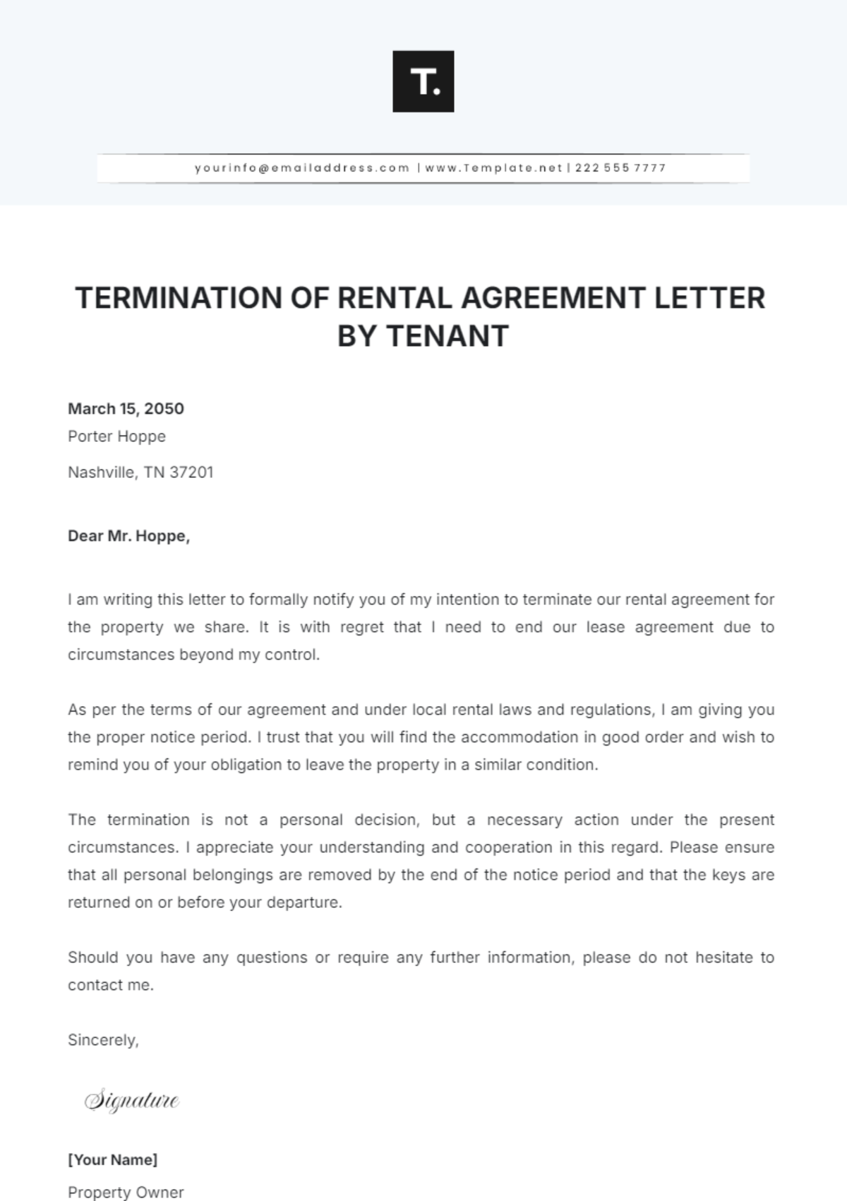 Termination Letter of Rental Agreement by Tenant Template - Edit Online & Download