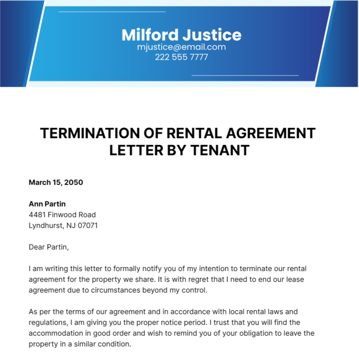 Free Termination of Rental Agreement Letter by Tenant  Template