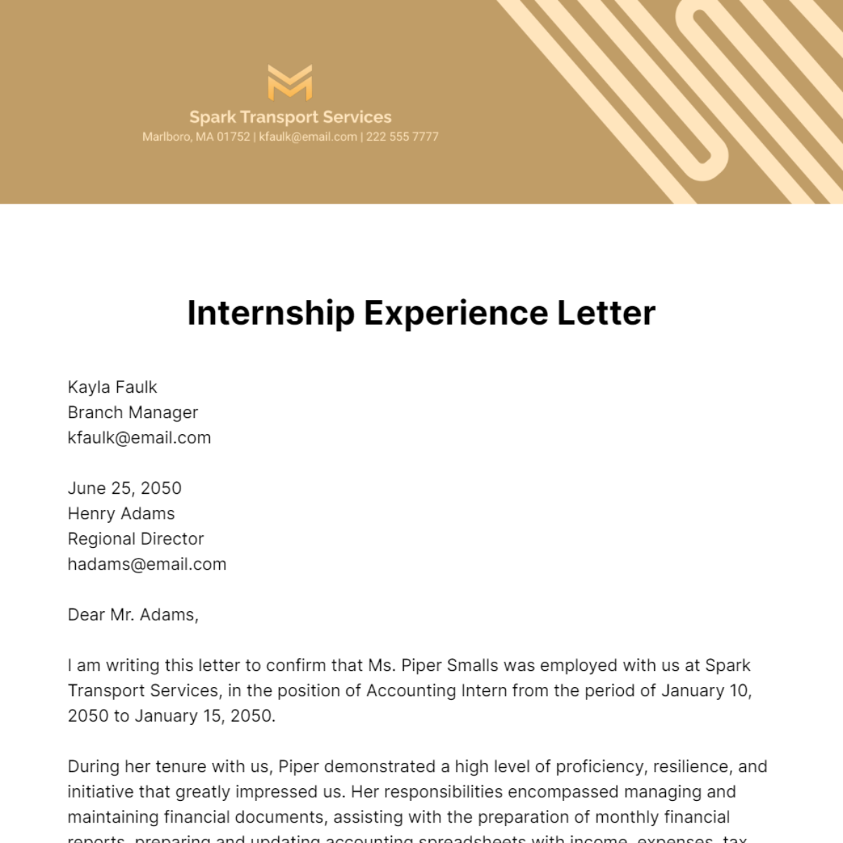 Internship Experience Letter   Template