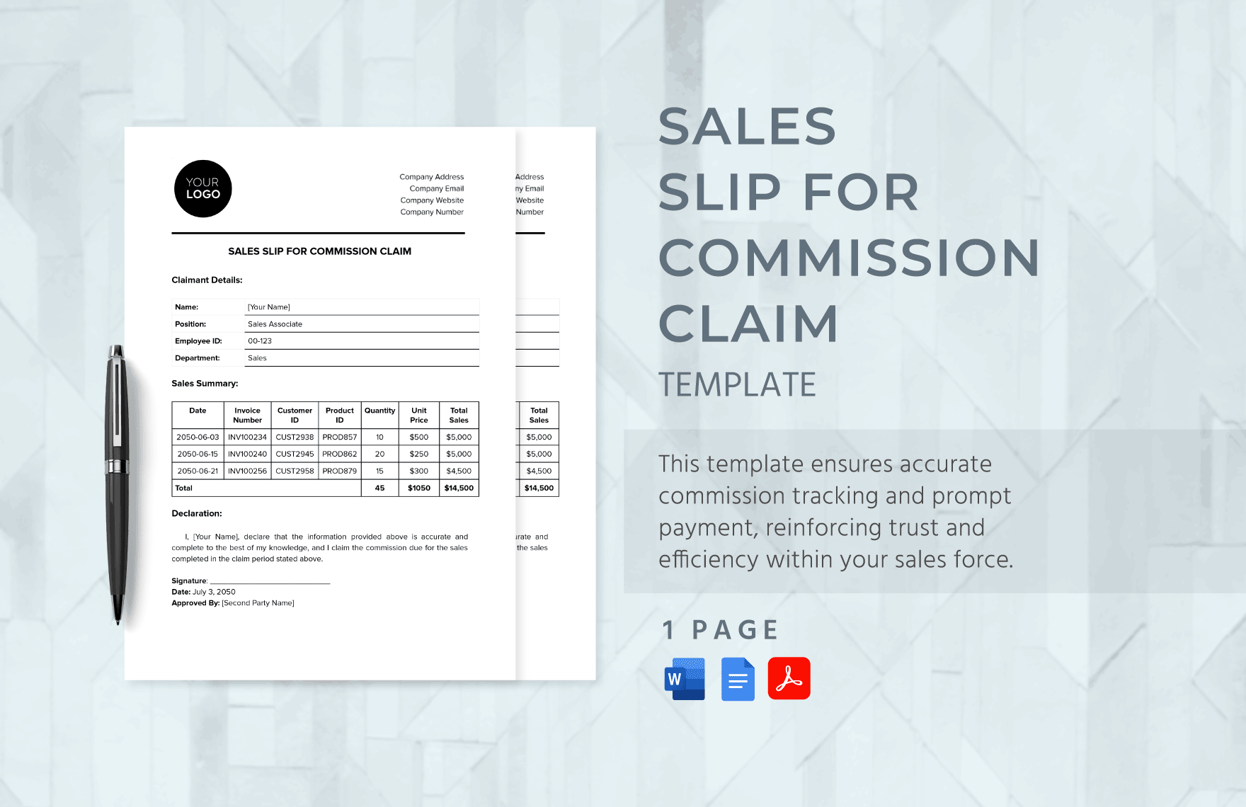 Sales Slip for Commission Claim Template in Word, Google Docs, PDF