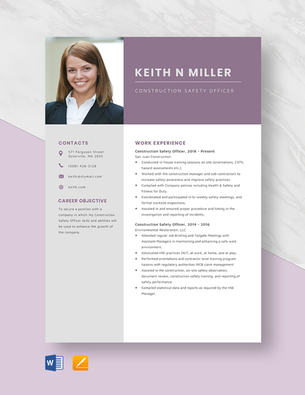 Construction Safety Officer Resume Template Word Apple Pages Template Net