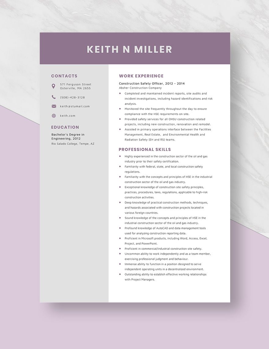 Construction Safety Officer Resume