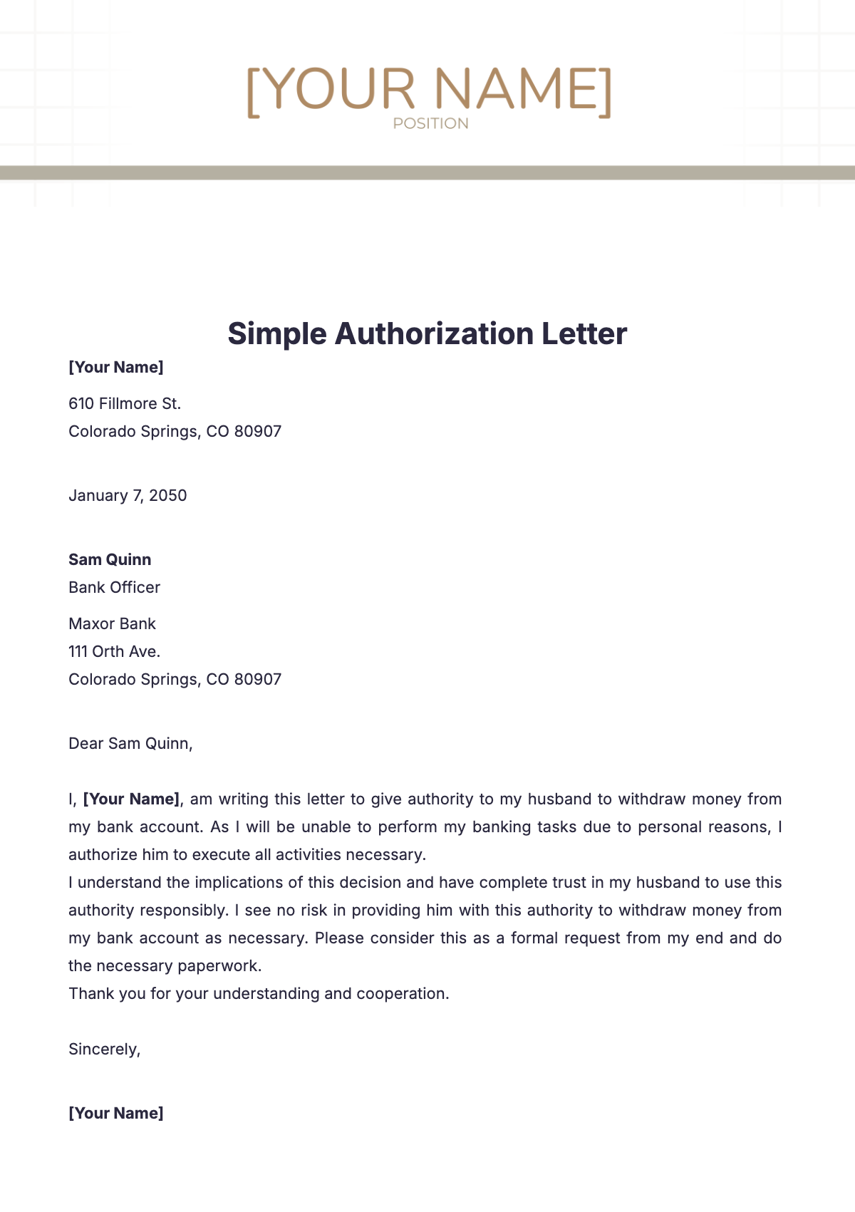 Simple Authorization Letter Template - Edit Online & Download