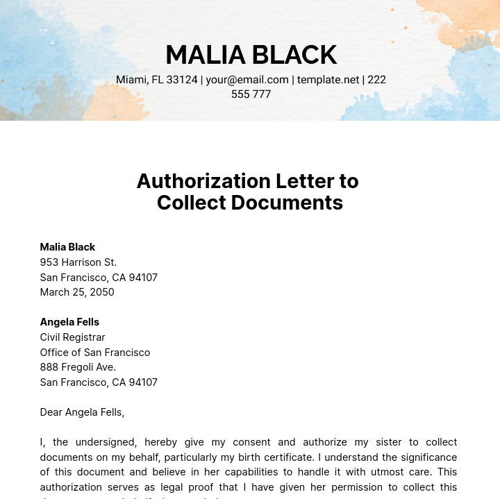 Free Authorization Letter to Collect Documents Template