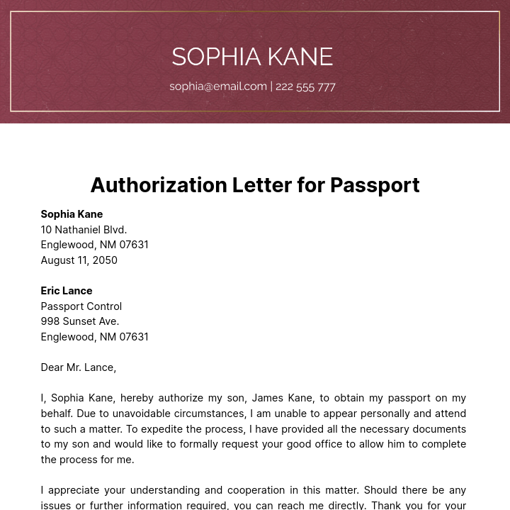 Free Authorization Letter for Passport Template