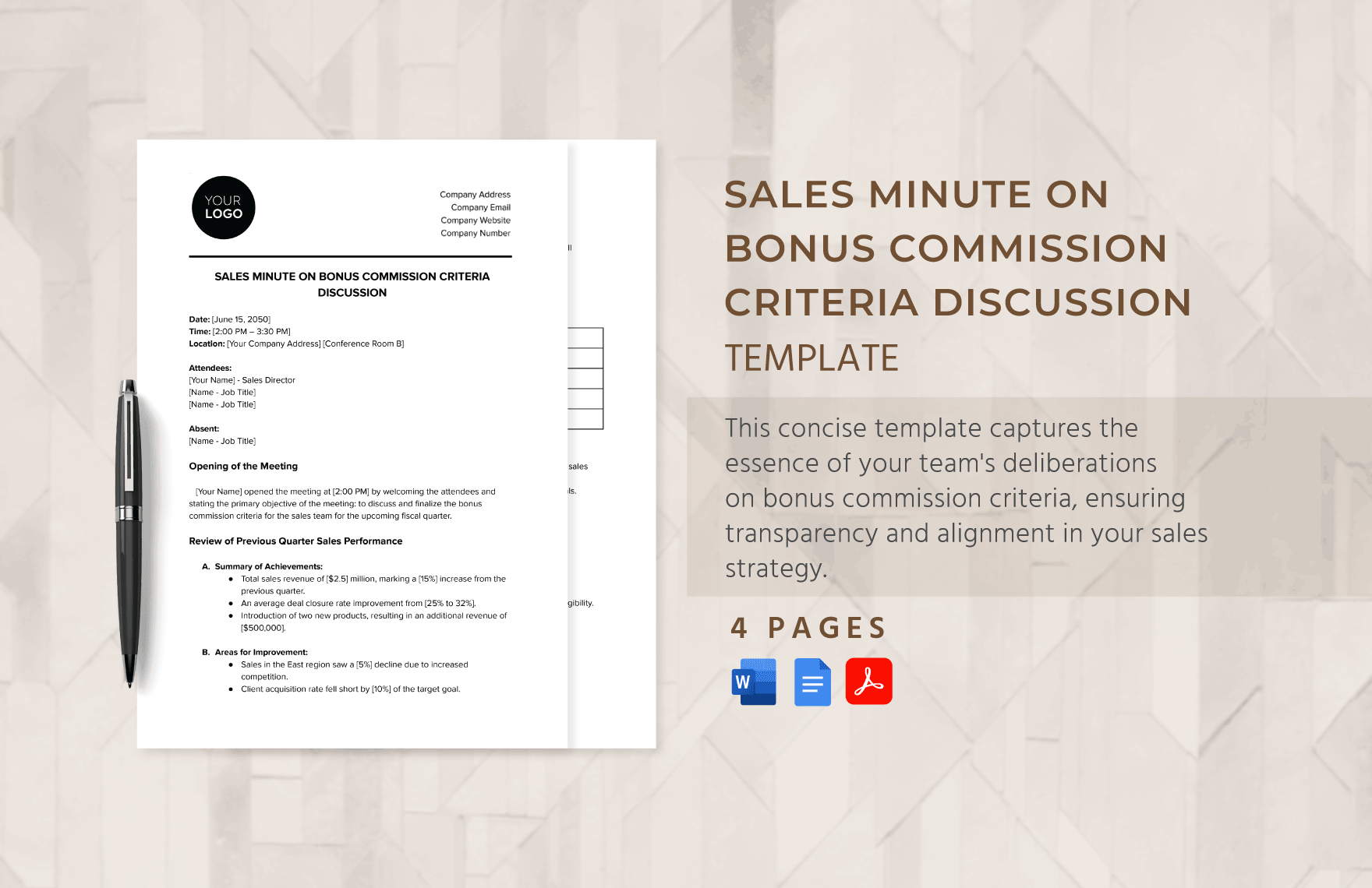 Sales Minute on Bonus Commission Criteria Discussion Template in Word, Google Docs, PDF