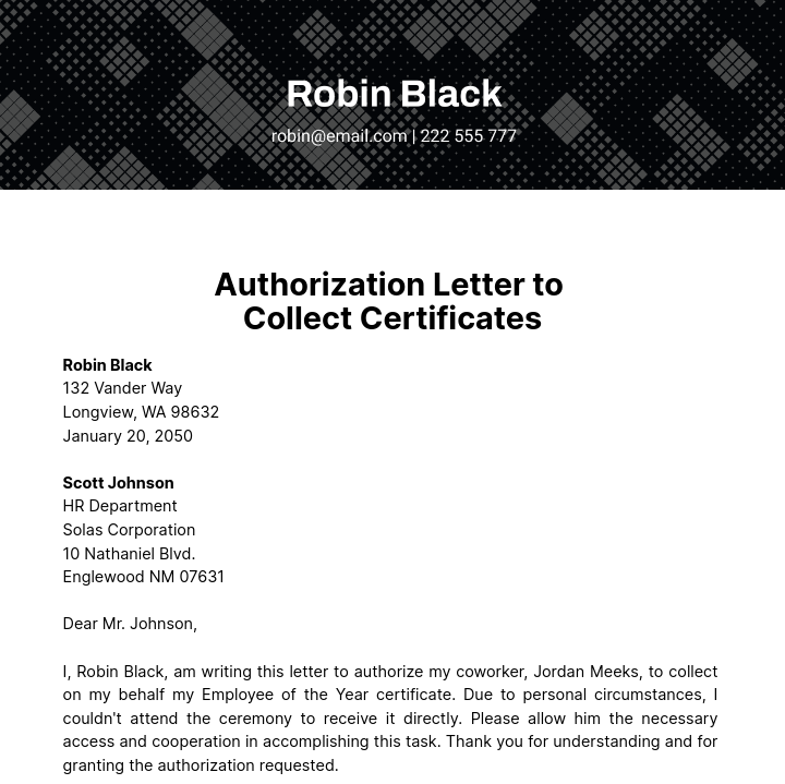 Free Authorization Letter to Collect Certificates Template