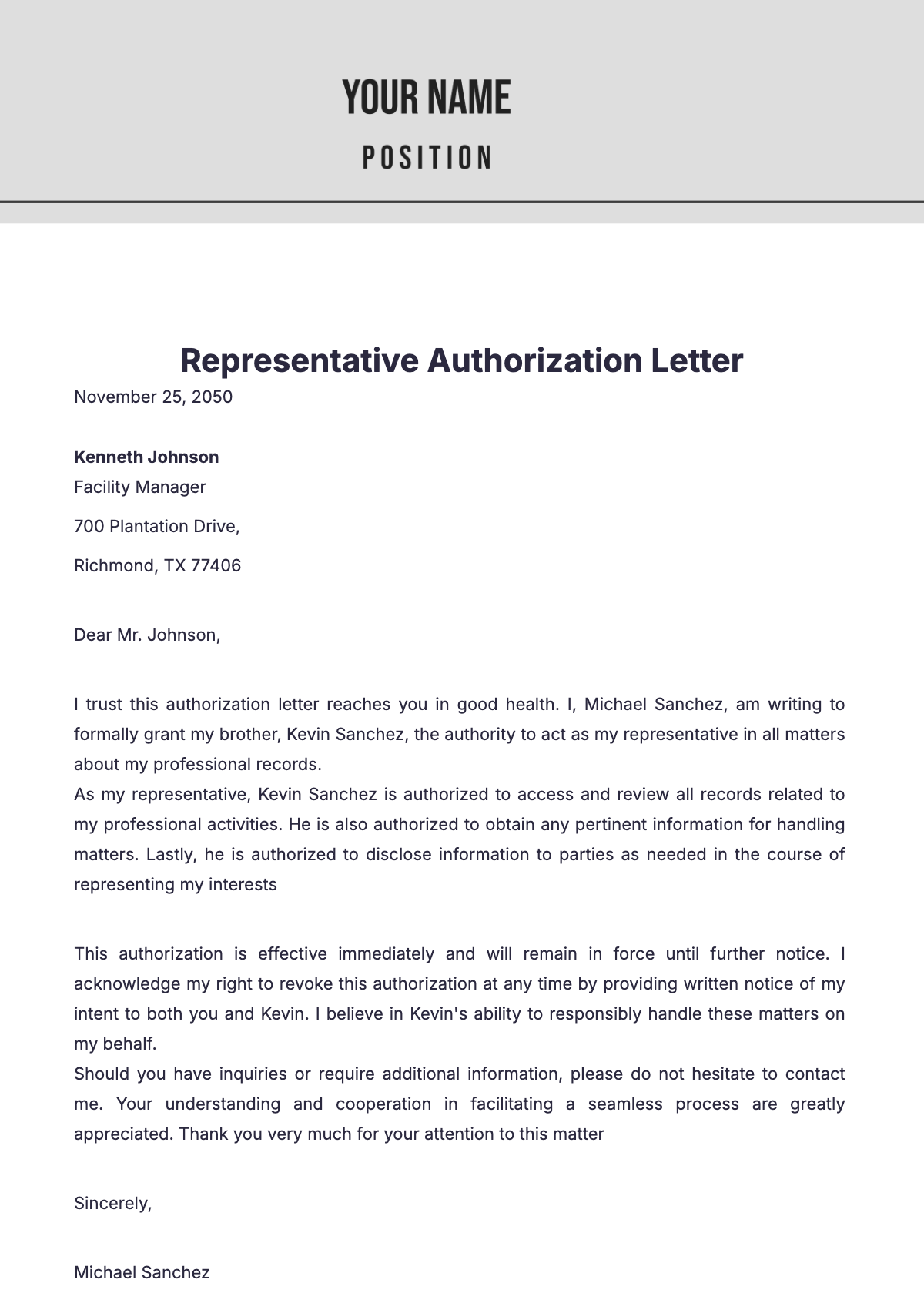 Representative Authorization Letter Template - Edit Online & Download