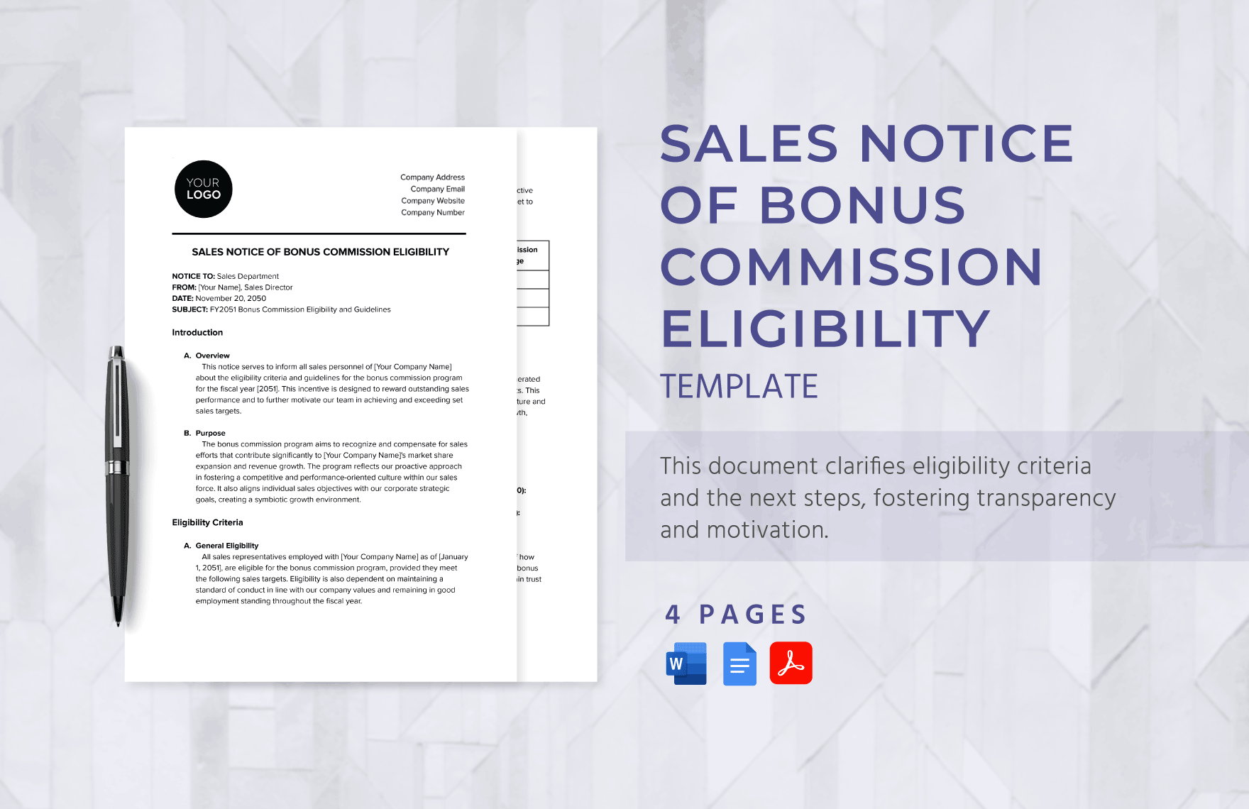 Sales Notice of Bonus Commission Eligibility Template in Word, Google Docs, PDF