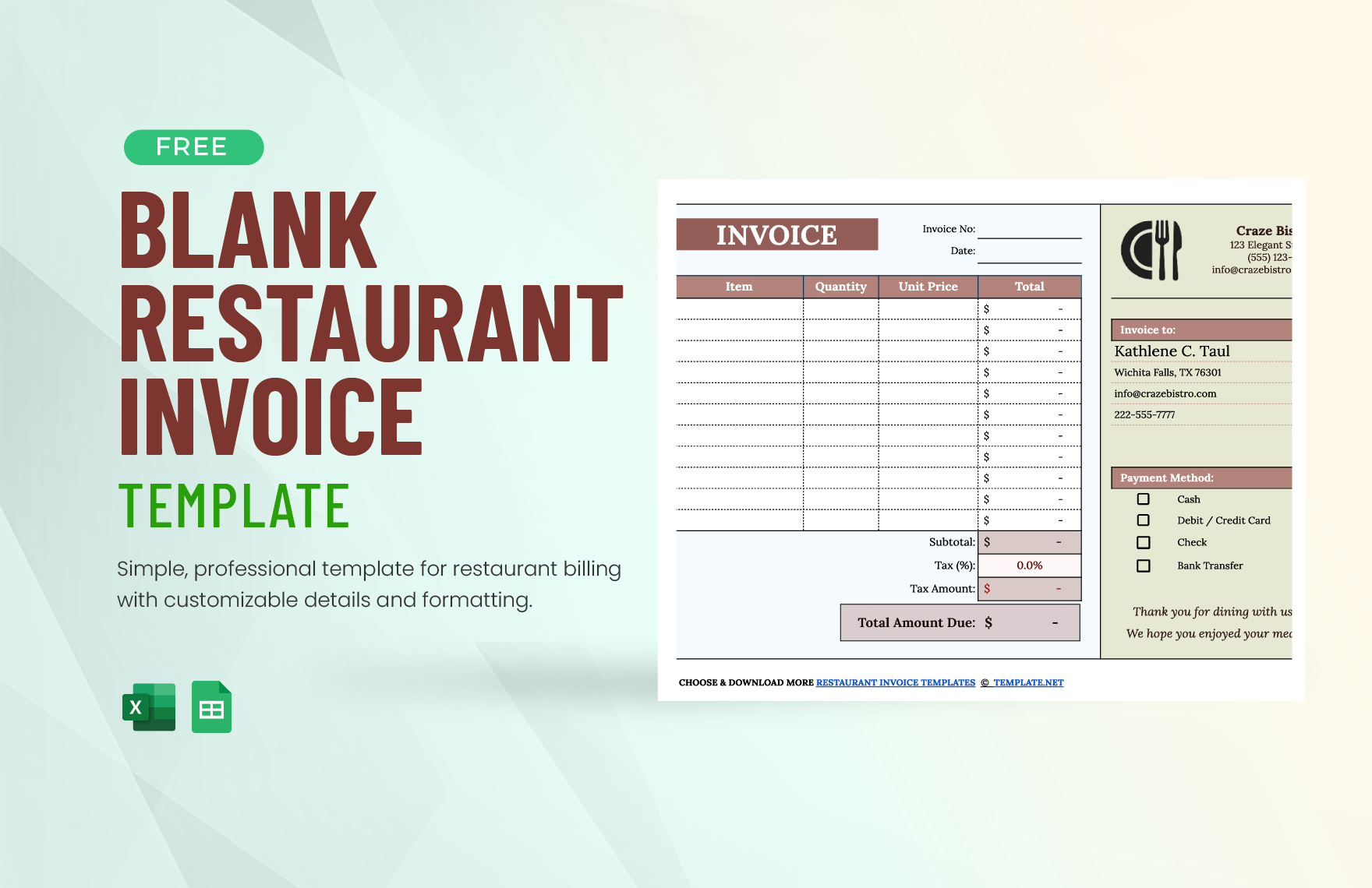 Blank Restaurant Invoice Template