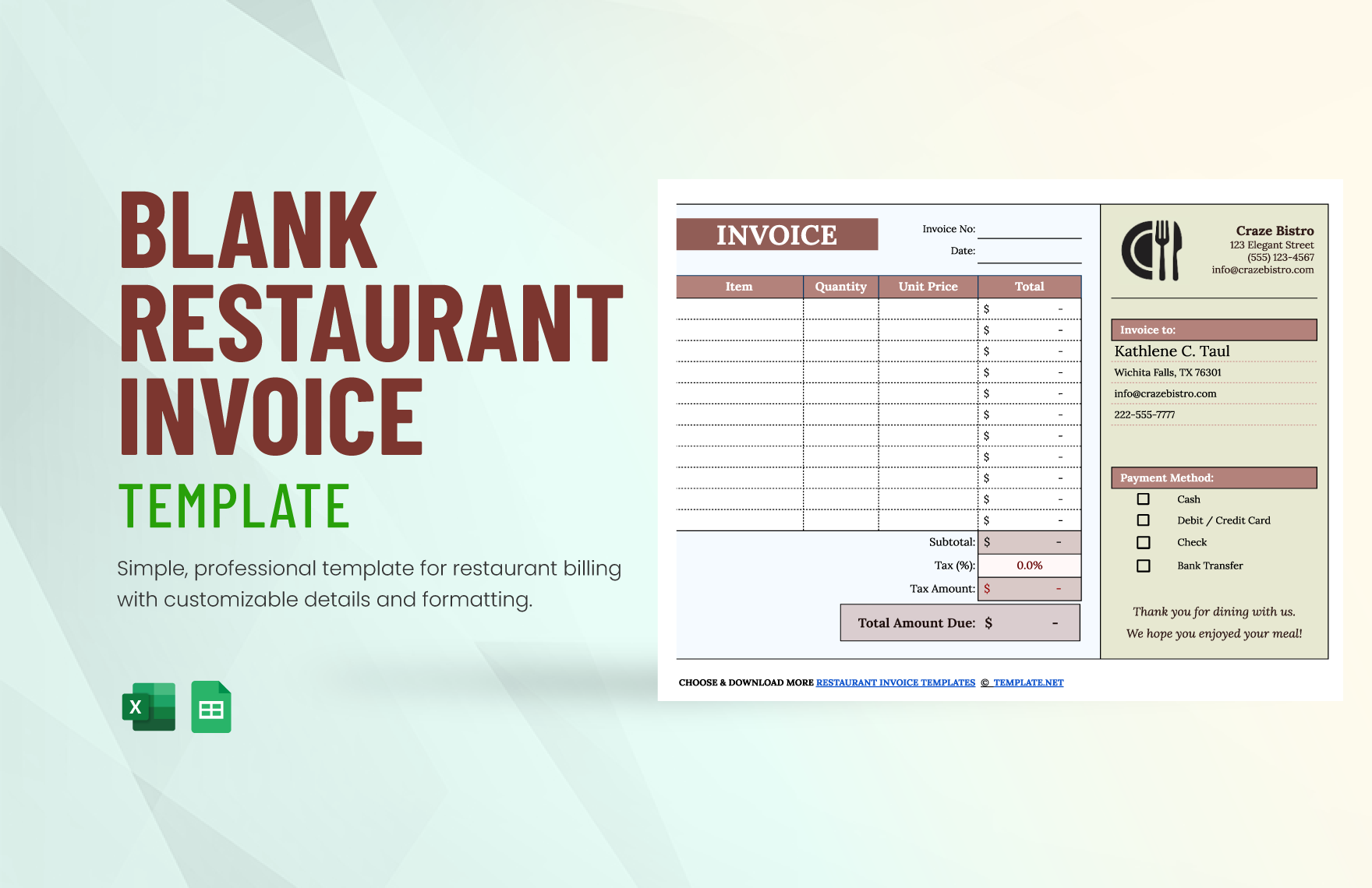 Free Blank Restaurant Invoice Template in Excel, Google Sheets