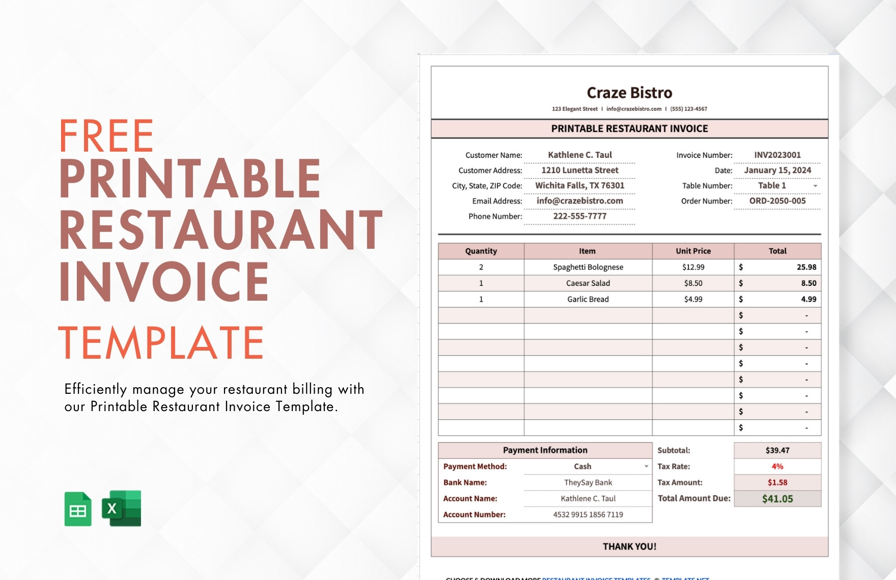 Printable Restaurant Invoice Template