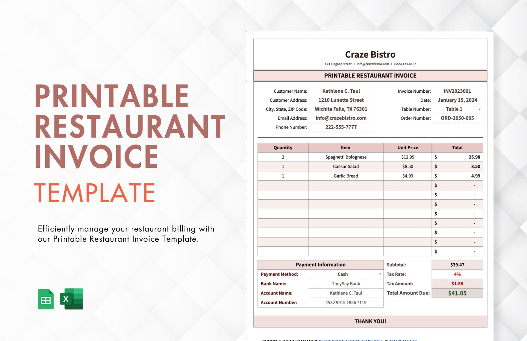 Free Printable Restaurant Invoice Template in Excel, Google Sheets