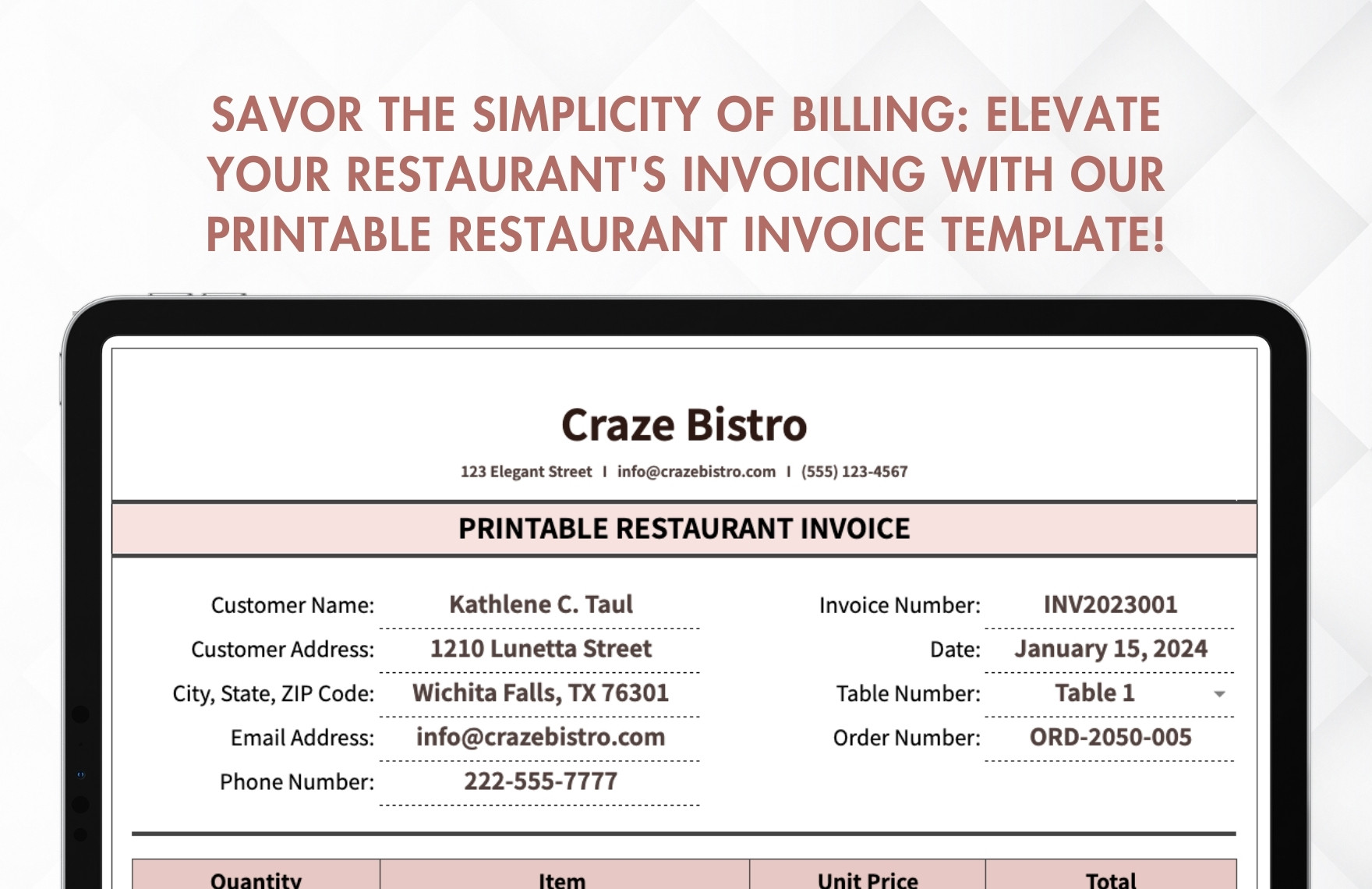Printable Restaurant Invoice Template